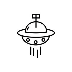 An outline drawing of a flying saucer with a top antenna three circles below and vertical lines
