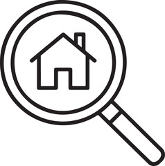 Magnifying glass over a simple house outline symbolizing real estate search