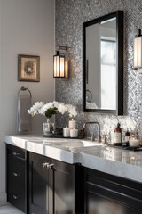 Elegant bathroom with dark wood cabinets and marble countertop, featuring mosaic tile backsplash, modern lighting, and decorative candles