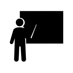 A simple black and white illustration of a teacher at a board