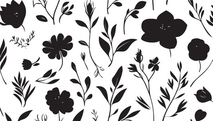 Elegant black floral silhouette seamless botanical pattern design