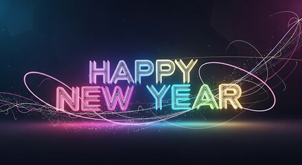 Happy New Year Celebration with Colorful Glowing Neon Lights.