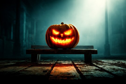 Haunting halloween atmosphere with a glaring pumpkin on display. Drama poster. Glowing halloween pumpkin amidst coastal shadows of night. Blockbuster poster. Advertising photo.