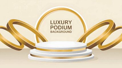 White podium background with gold accents and circular frame stage