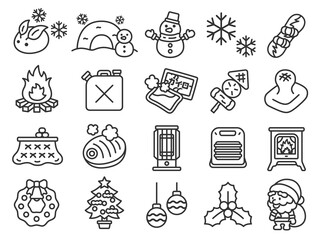 冬シーズンのアイコン（線画）のイラストセット