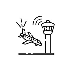 Air Traffic Control Tower Guiding Airplane On Landing Strip With Wifi Signals In Black Outline Style Illustration On Transparent Background
