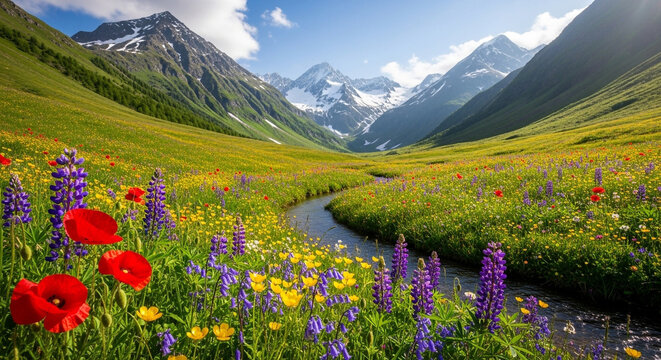 A tranquil mountain valley adorned with wildflowers and a flowing stream, offering a serene escape into natures embrace beneath majestic peaks - Powered by Adobe