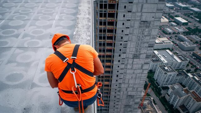 Construction worker safety harness orange helmet rooftop urban skyline cityscape high rise fall protection tether building site with focused
