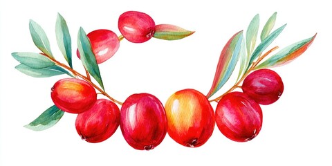 Watercolor painting of a cluster of red fruit, including cherries and plums