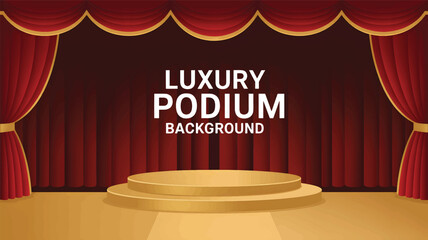 Red velvet stage curtains with golden trim and a tiered podium background