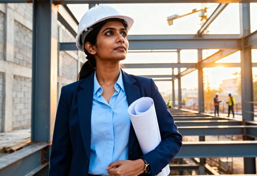 Confident Indian Female Architect Inspecting Construction Site with Blueprints - Powered by Adobe
