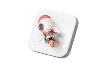 3d rocket on rounded square icon. startup launch concept. Minimal cartoon spaceship badge for app icon logo. isolated on white background. 3d render.