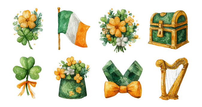 Colorful Watercolor St. Patrick's Day Illustrations with Flowers and Symbols