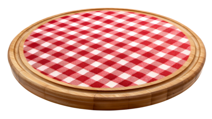 Round wooden board with red and white checkered cloth top