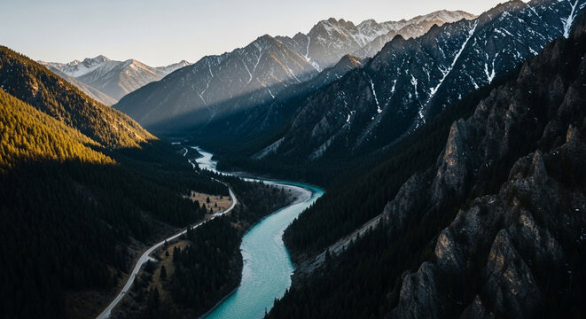 Breathtaking aerial view of a winding river cutting through a valley surrounded by majestic mountains, showcasing the beauty of natures landscape - Powered by Adobe