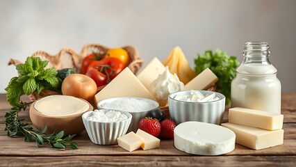 Fresh dairy products arranged on a rustic wooden table with a softly blurred pastel backdrop.