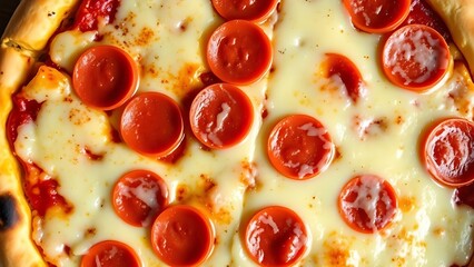 Overhead view of a pepperoni pizza with melted cheese, showcasing delicious textures.