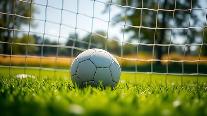 Soccer ball nestled in the net against a lush green field, capturing a moment of victory.