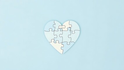 Heart-shaped puzzle on a light blue background, symbolizing autism awareness with soft overhead light.