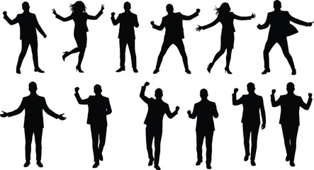 Silhouette of business people celebrating success, team achievement, corporate victory concept, happy office workers jumping with joy and energy