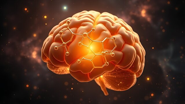A golden molecular structure of spermidine floating above a brain-shaped nebula, glowing with energy.