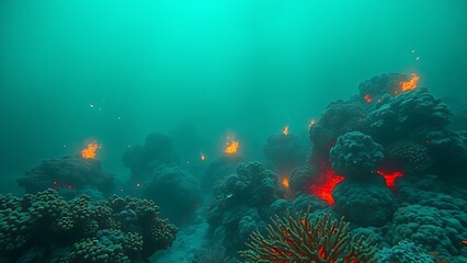 A terrifyingly beautiful underwater scene where the coral reef is consumed by an acidic neon-green and orange haze.