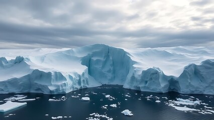 A vast Antarctic glacier with a massive, geometric blue void in the ice, under a troubled, melancholic sky.