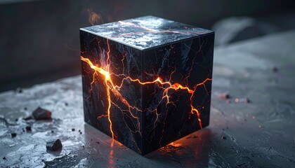 Fractured obsidian cube glows with fiery cracks, set against a blurred, mottled surface with specks and an atmospheric, subtle background. A dark block, displaying intricate patterns and energy.