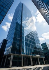 Elevated perspective of modern corporate architecture against blue skies