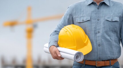 Fototapeta premium Skilled construction worker holding yellow hard hat and blueprints at construction site with cranes in background, demonstrating teamwork and safety in building industry