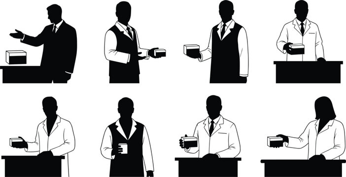 Professional presentation, silhouette illustration, business attire, holding box, occupational roles, workplace concept, gesture demonstration, corporate identity, black and white vector