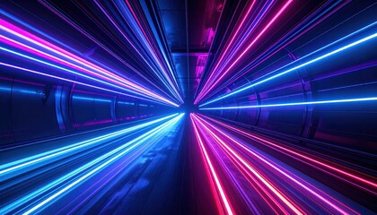 Vivid streaks of neon pink and blue light illuminate a futuristic tunnel, creating a sense of speed and movement.