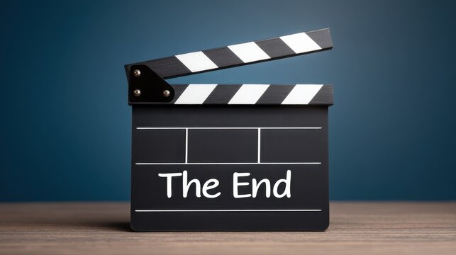 Black Movie Clapperboard on Wooden Table with Text The End Symbolizing Final Scene Closure in Film Production and Cinematic Storytelling