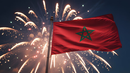Moroccan flag waving proudly with vibrant fireworks exploding in the night sky during a celebration