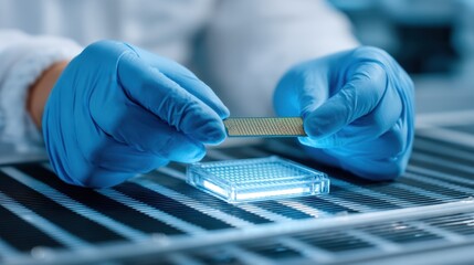 Scientist in Laboratory Holding Microchip Over Transparent Slide Under Bright Light for Research and Development of Innovative Technology Solutions