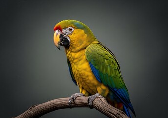 Exotic splendor: A vibrant macaw perched gracefully against a neutral backdrop showcasing its exquisite plumage