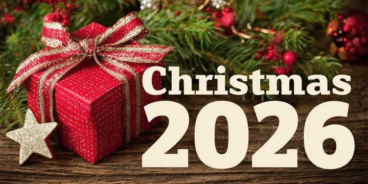 Red box with a gold ribbon on top of a Christmas tree - Powered by Adobe