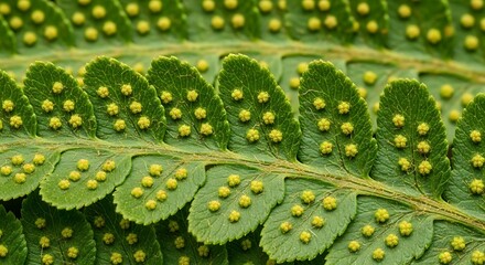 Fern frond displaying unique clusters of sori, a vibrant green pattern