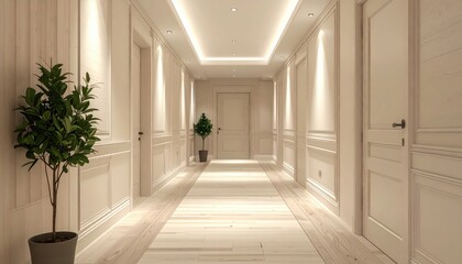 Interior hallway features an elegant, minimalist design with soft lighting illuminating the pale wooden floor and walls, creating a calm and spacious atmosphere.