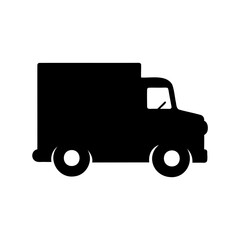 A minimalist black silhouette of a delivery truck on a white background