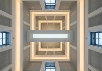 Geometric architectural structure, perspective view towards ceiling design