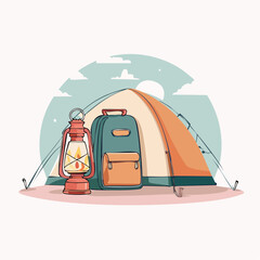 Camping gear with tent, lantern, and backpack