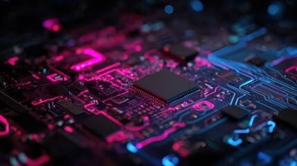 Circuit board closeup with neon lighting