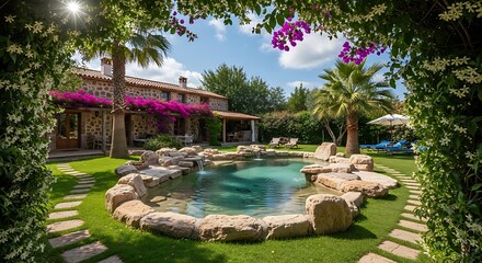 Idyllic stone house with swimming pool in the garden, under a bright sky a serene scene of leisure and refined country