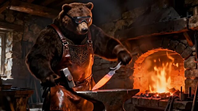 An anthropomorphic bear blacksmith with goggles forges a glowing hot blade on an anvil in a workshop