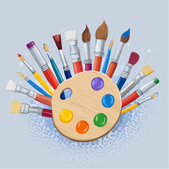 Paintbrushes and palette with colorful paint drops