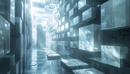 A modern architectural composition showcases a corridor formed by walls of stacked, glowing, textured cubes, leading towards a bright, ethereal light source.