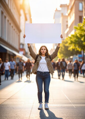 Female teenage activist protestor holding up a blank sign , to be completed