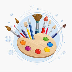 Art supplies palette with brushes for creative projects