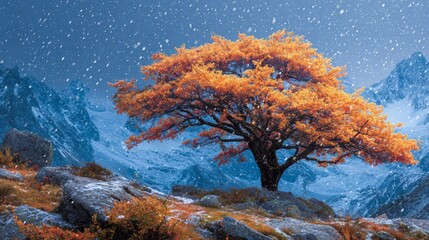 Mountain tree: a silent witness to autumn's farewell and winter's arrival. Epic poster. Alone autumn tree on a mountain, welcoming the first snowfall. Film poster. Movie artwork.